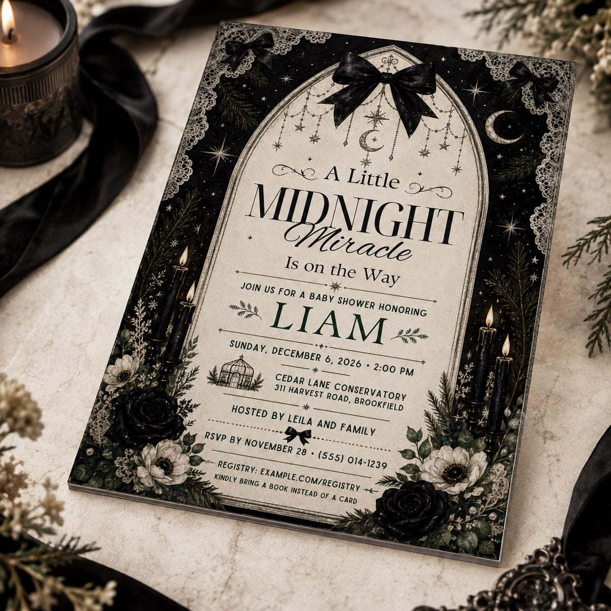 Black Celestial Gothic Baby Shower Invitation — digital invitation, instant download