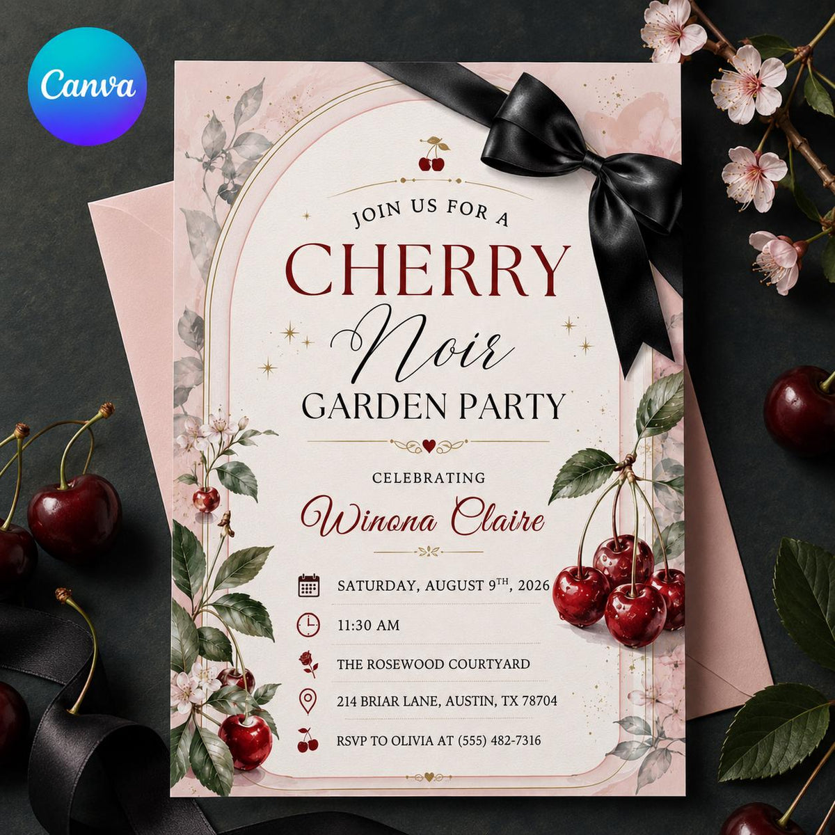 Black Coquette Cherry Birthday Invitation — editable Canva template