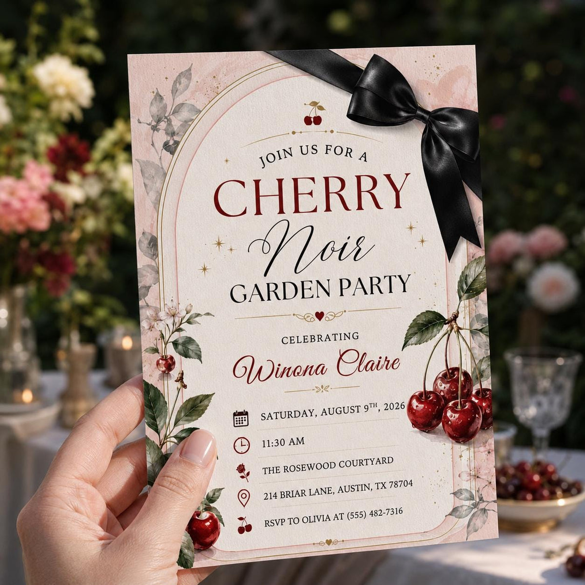 Black Coquette Cherry Birthday Invitation — bow design