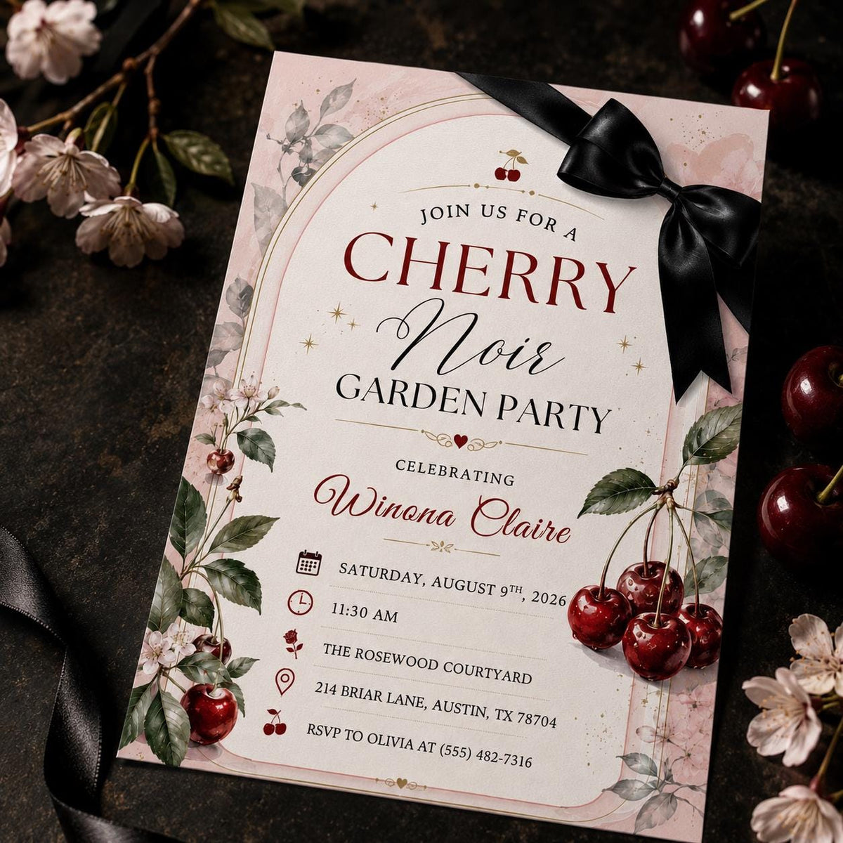 Black Coquette Cherry Birthday Invitation — print-ready birthday party design from VoltBy