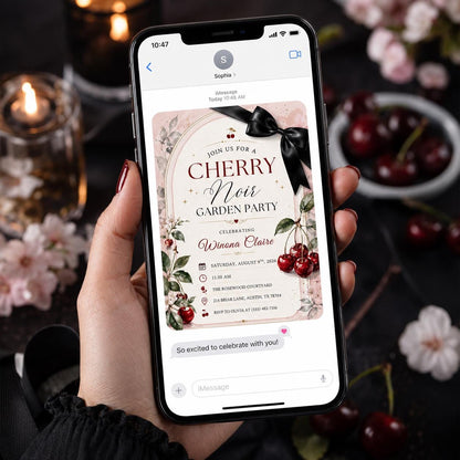 Black Coquette Cherry Birthday Invitation — digital invitation, instant download
