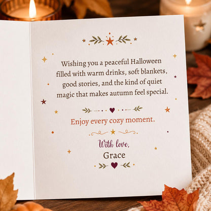 Black Cozy Halloween Greeting Card — greeting card you personalize in Canva