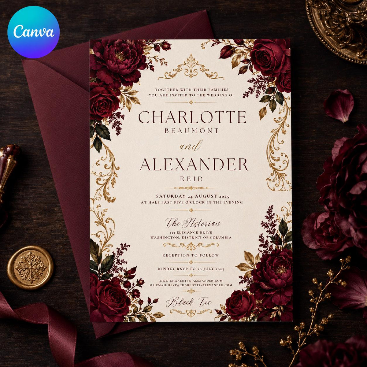 Black Elegant Burgundy Wedding Invitation — editable Canva template