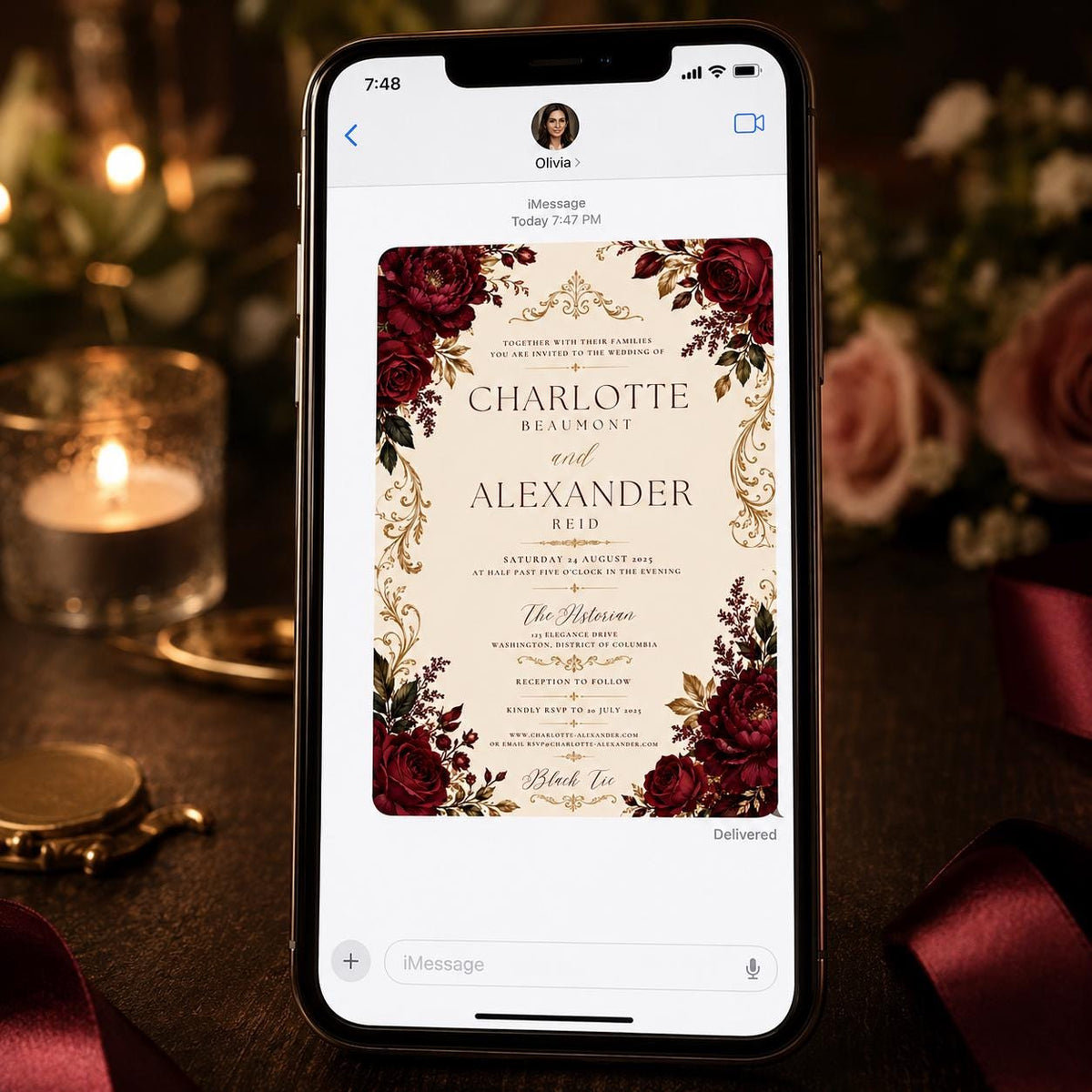 Black Elegant Burgundy Wedding Invitation — floral design