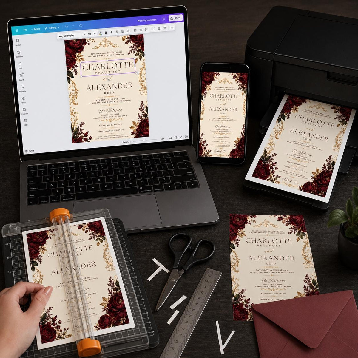 Black Elegant Burgundy Wedding Invitation — print-ready wedding design from VoltBy