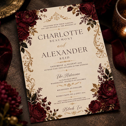 Black Elegant Burgundy Wedding Invitation — digital invitation, instant download