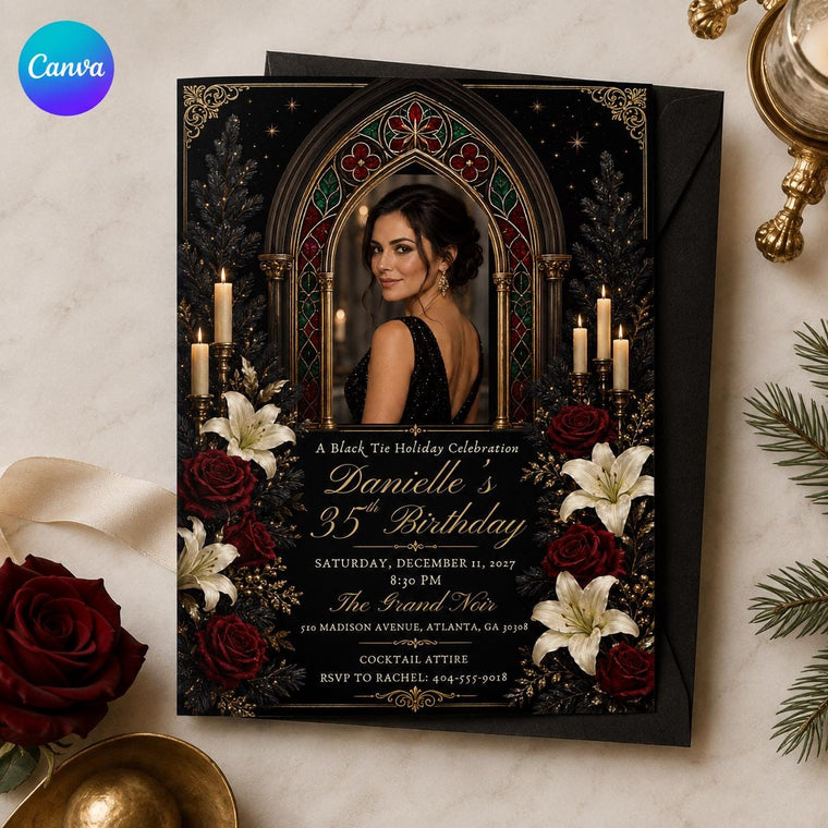 Black Elegant Christmas 35th Birthday Invitation