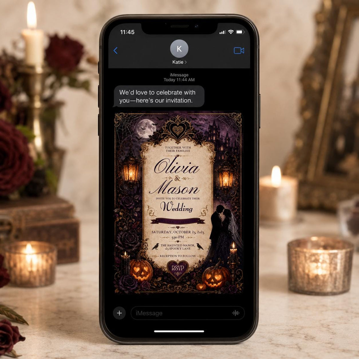 Black Floral Gothic Halloween Wedding Invitation — haunted house design