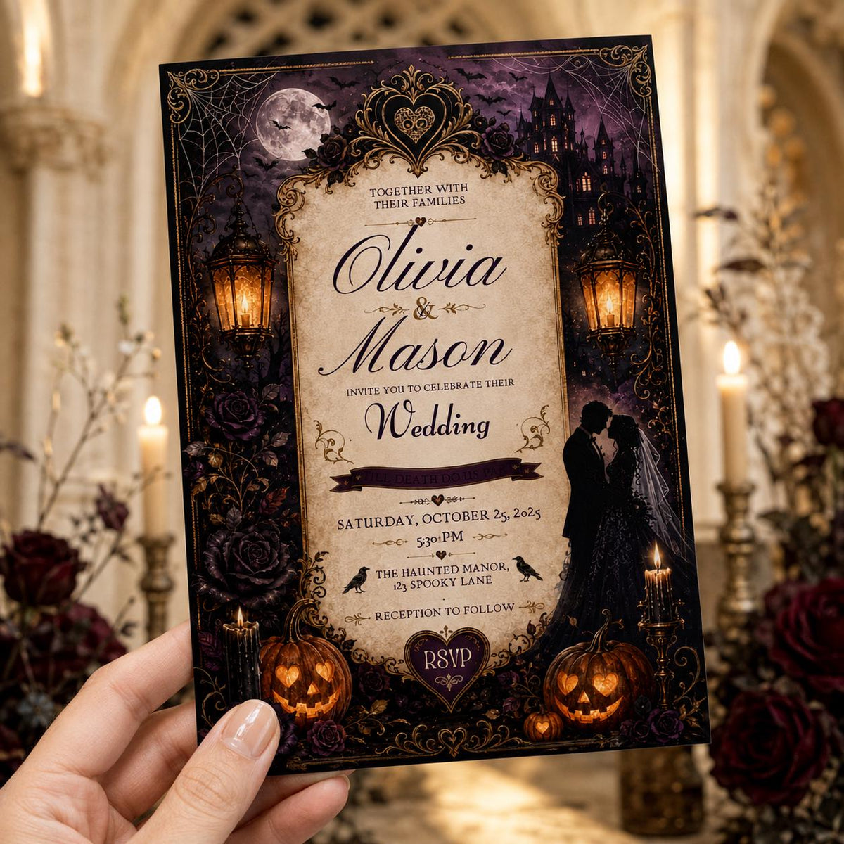 Black Floral Gothic Halloween Wedding Invitation — invitation you personalize in Canva