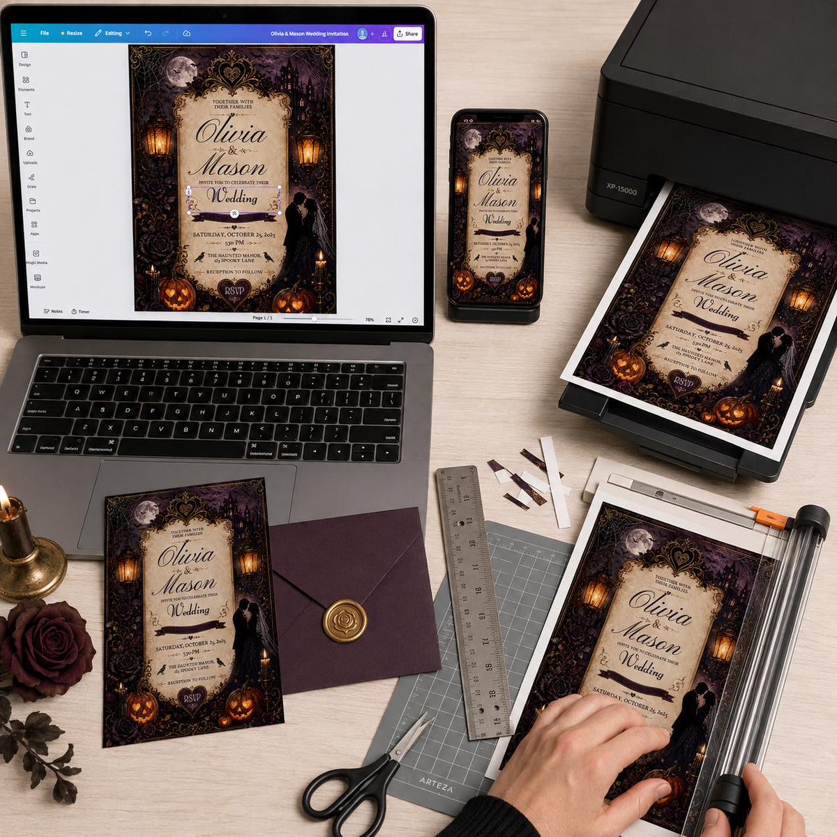 Black Floral Gothic Halloween Wedding Invitation — print-ready wedding design from VoltBy