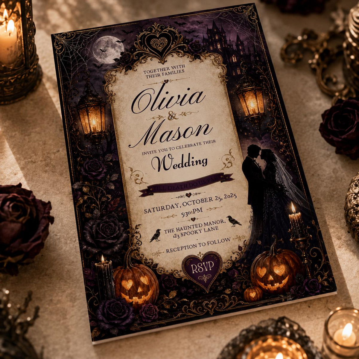 Black Floral Gothic Halloween Wedding Invitation — digital invitation, instant download
