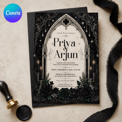 Black Floral Gothic Wedding Invitation — editable Canva template