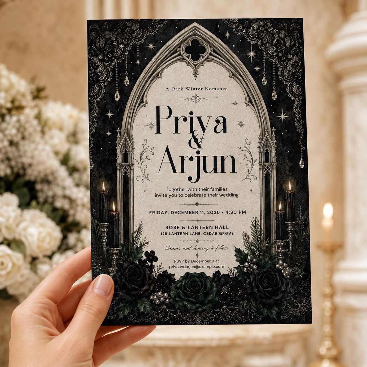 Black Floral Gothic Wedding Invitation — invitation you personalize in Canva