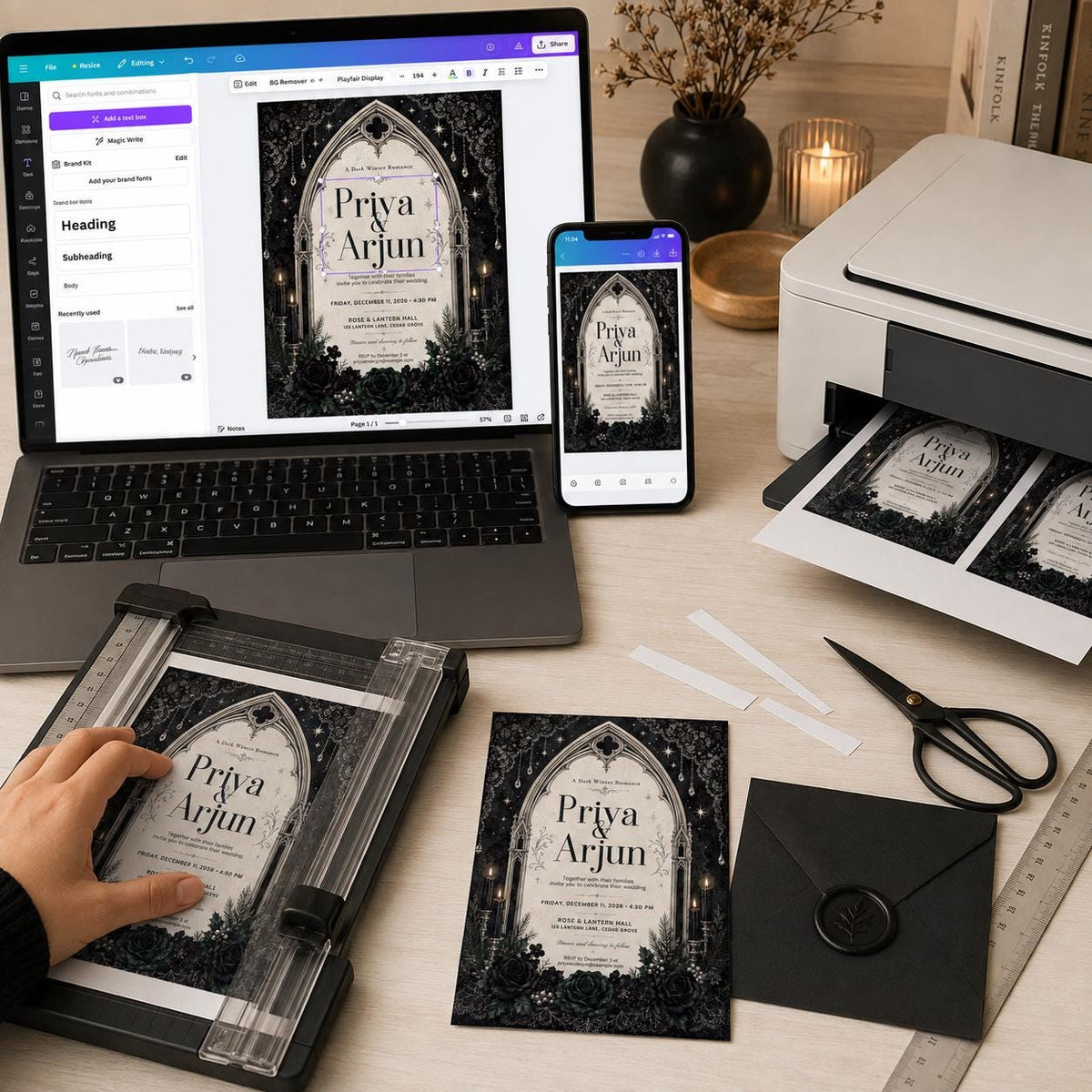 Black Floral Gothic Wedding Invitation — print-ready wedding design from VoltBy