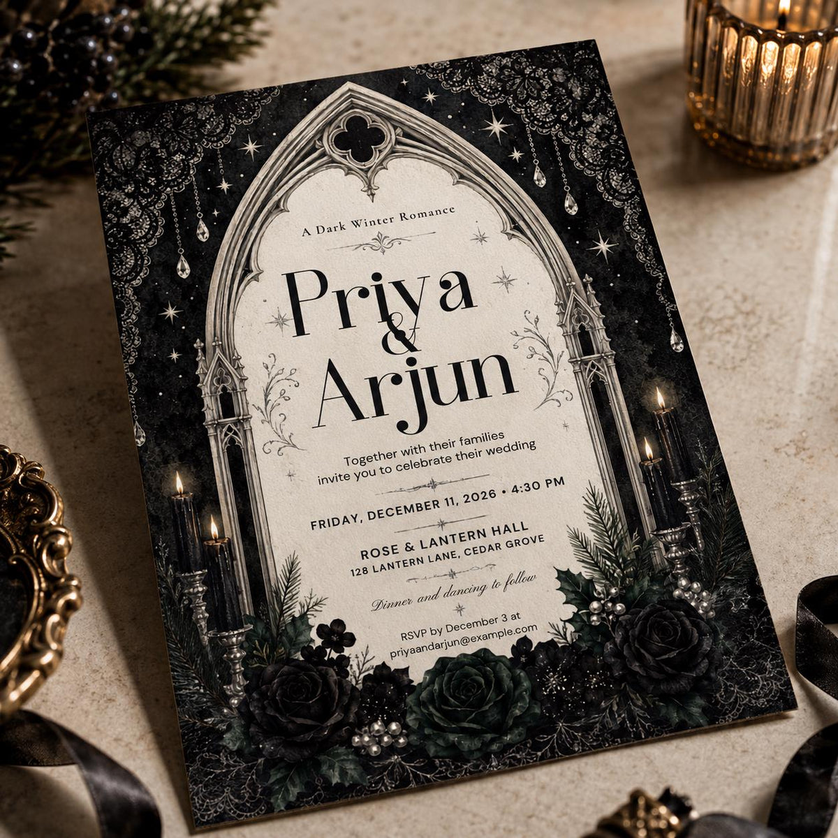 Black Floral Gothic Wedding Invitation — digital invitation, instant download