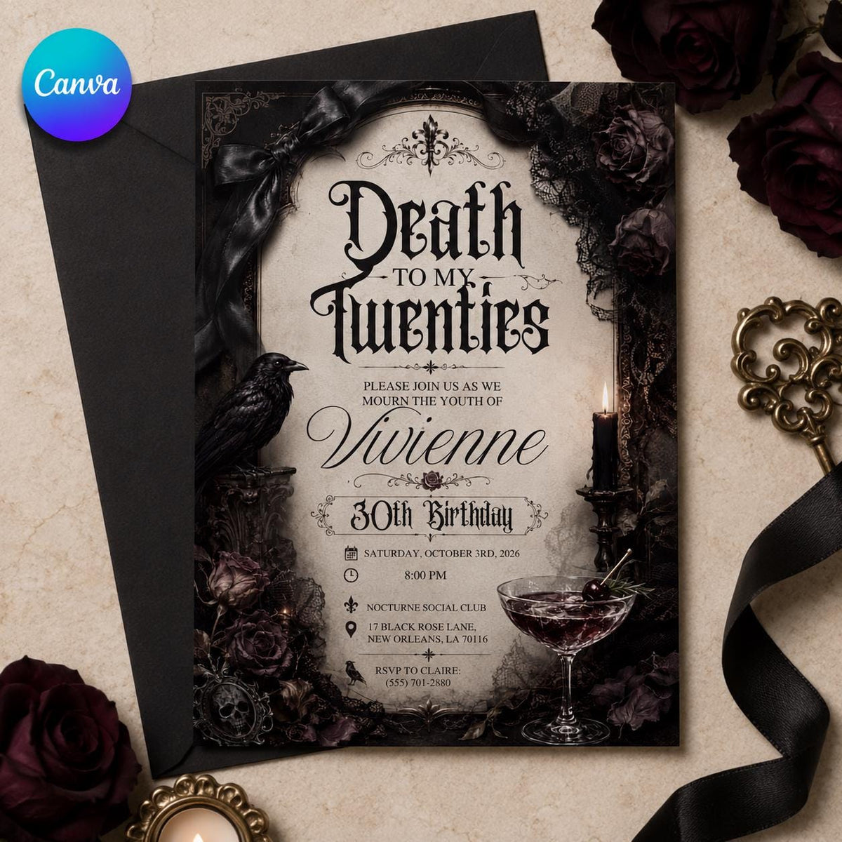 Black Gothic 30th Birthday Invitation — editable Canva template