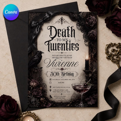 Black Gothic 30th Birthday Invitation — editable Canva template