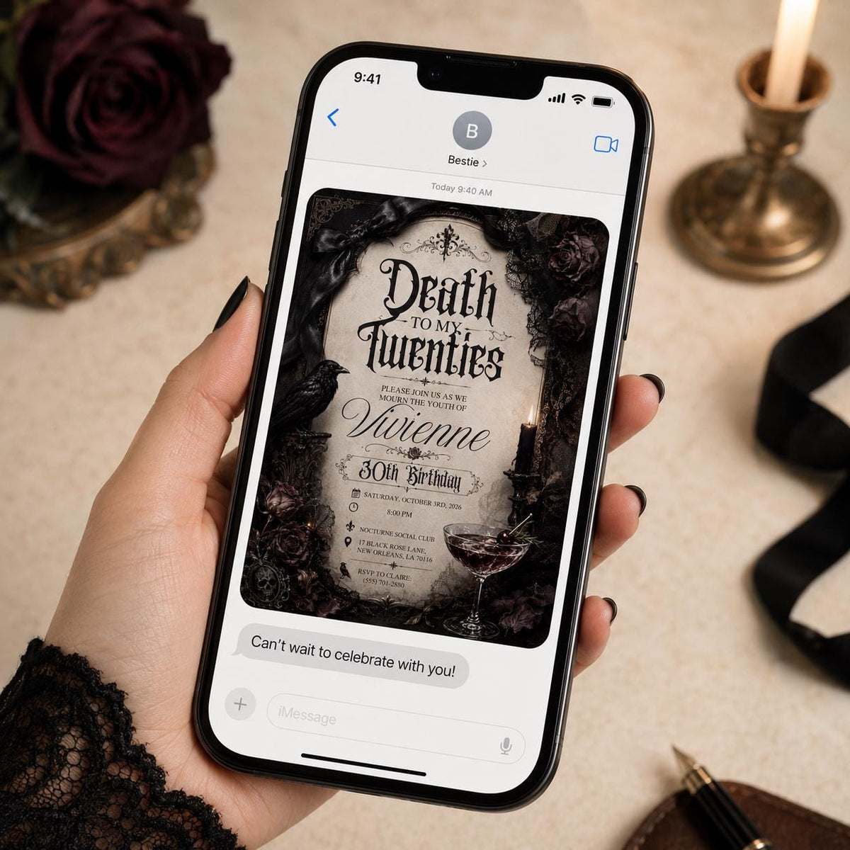 Black Gothic 30th Birthday Invitation — print-ready 30th birthday party design from VoltBy
