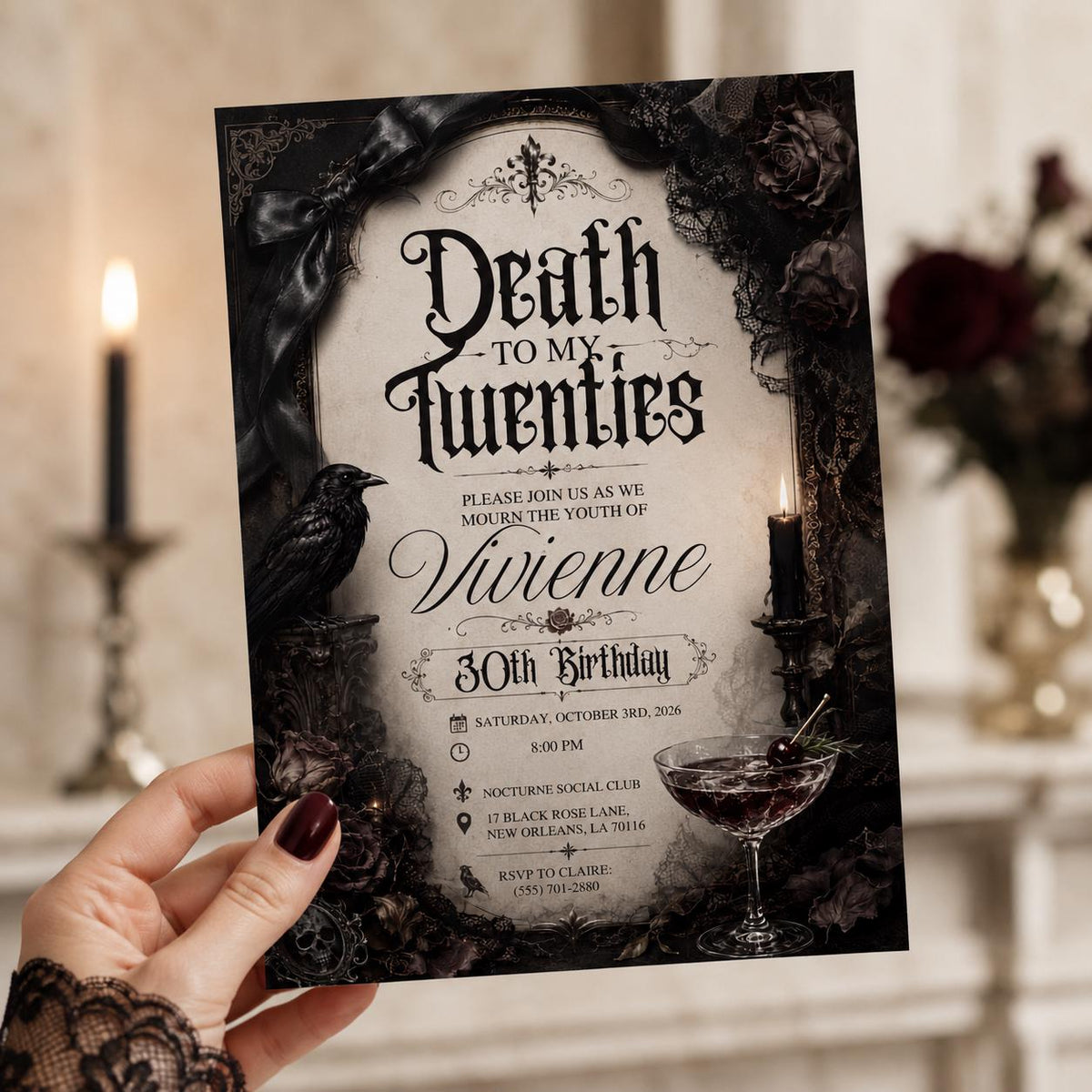Black Gothic 30th Birthday Invitation — digital invitation, instant download
