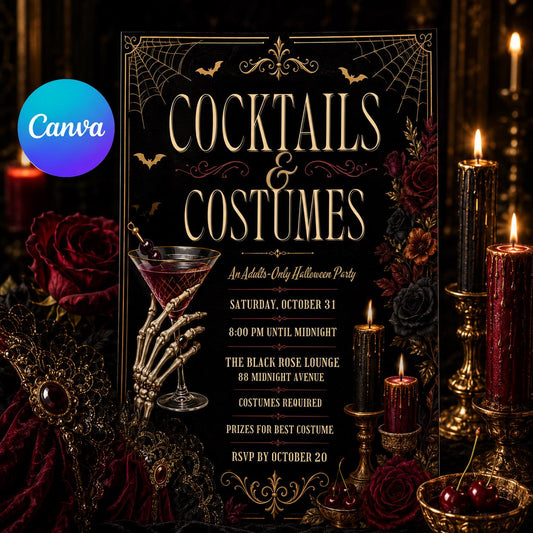 Black Gothic Costumes and Cocktails Invitation — editable Canva template