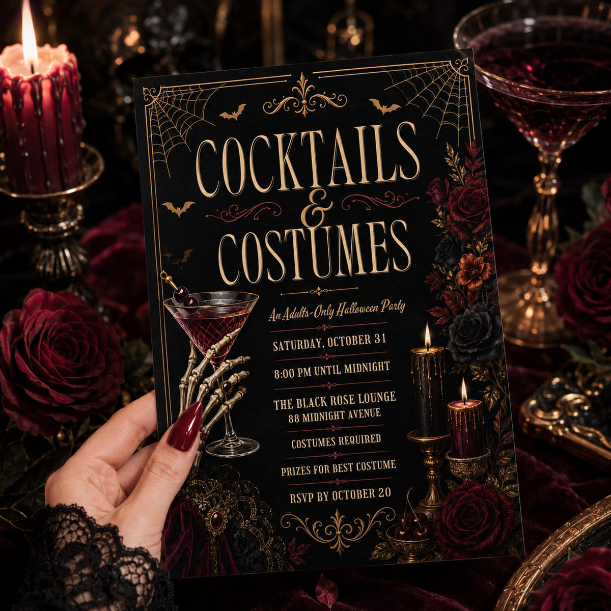 Black Gothic Costumes and Cocktails Invitation — floral design
