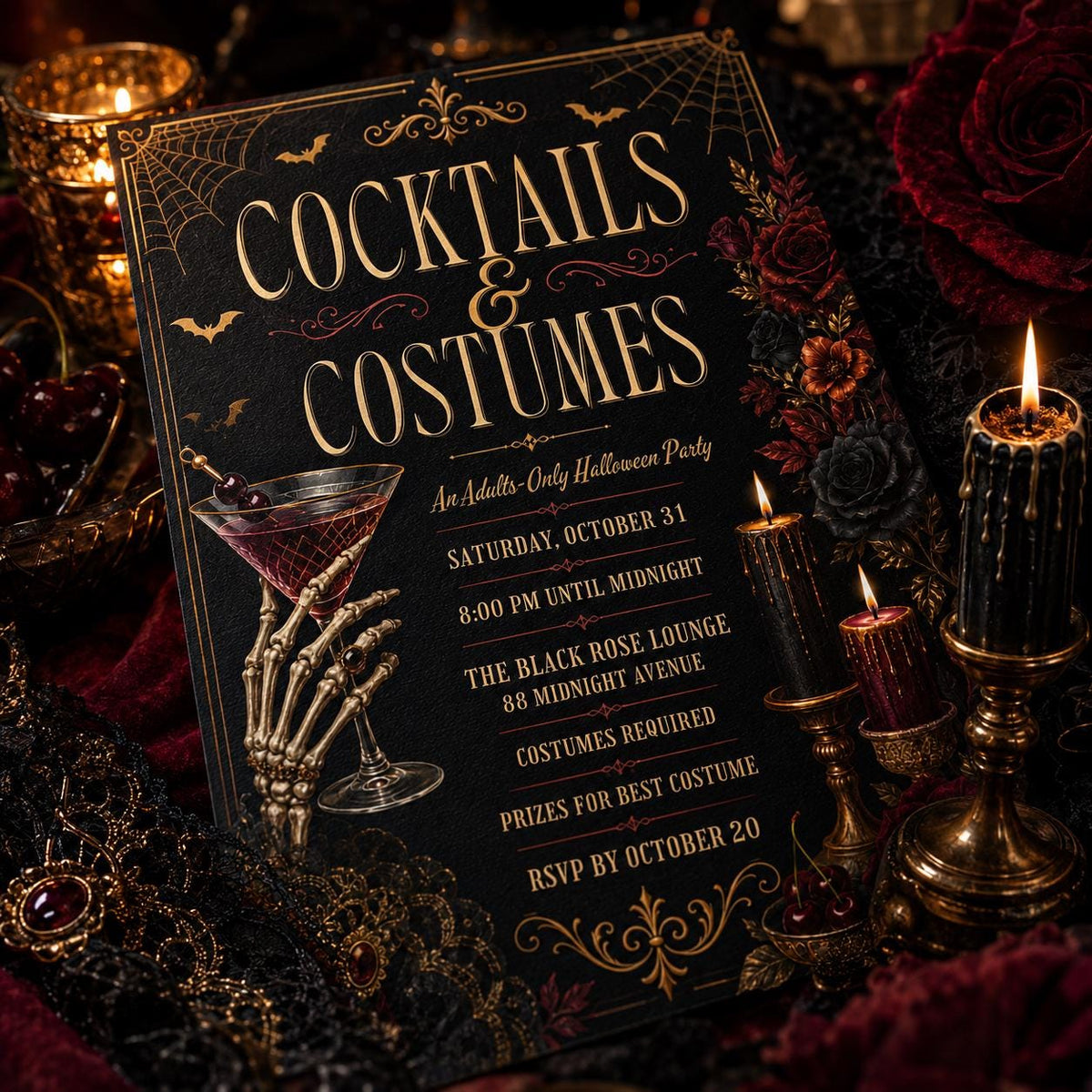 Black Gothic Costumes and Cocktails Invitation — floral Halloween party design