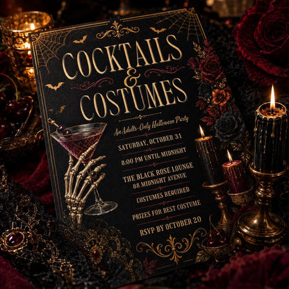 Black Gothic Costumes and Cocktails Invitation — floral Halloween party design