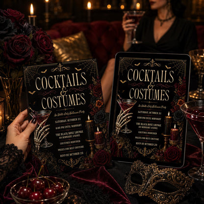 Black Gothic Costumes and Cocktails Invitation — print-ready Halloween party design from VoltBy
