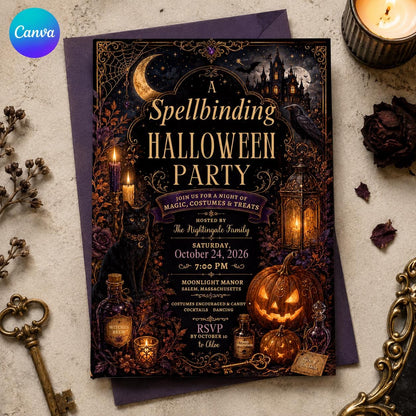Black Gothic Halloween Party Invitation — editable Canva template