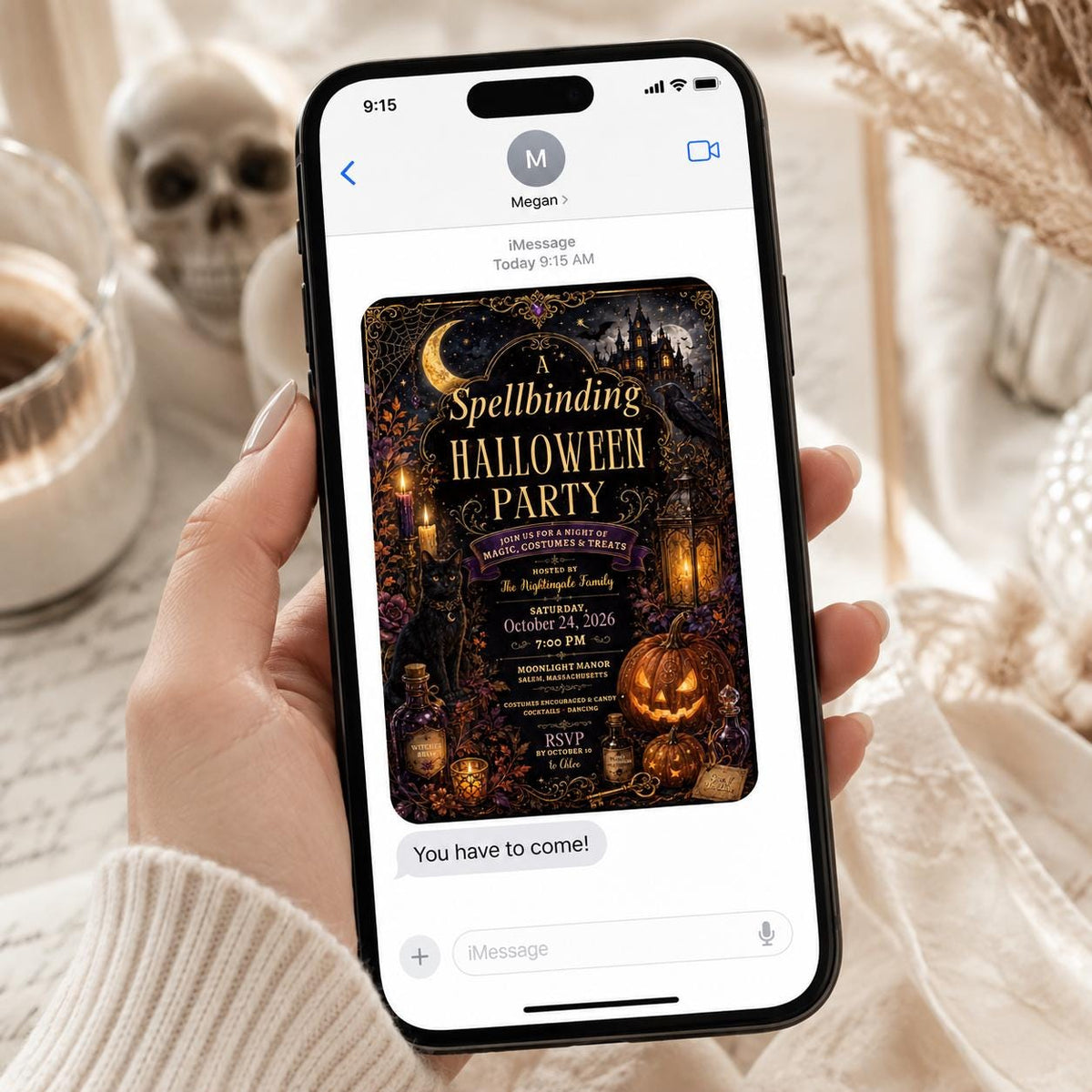Black Gothic Halloween Party Invitation — cat and haunted house design