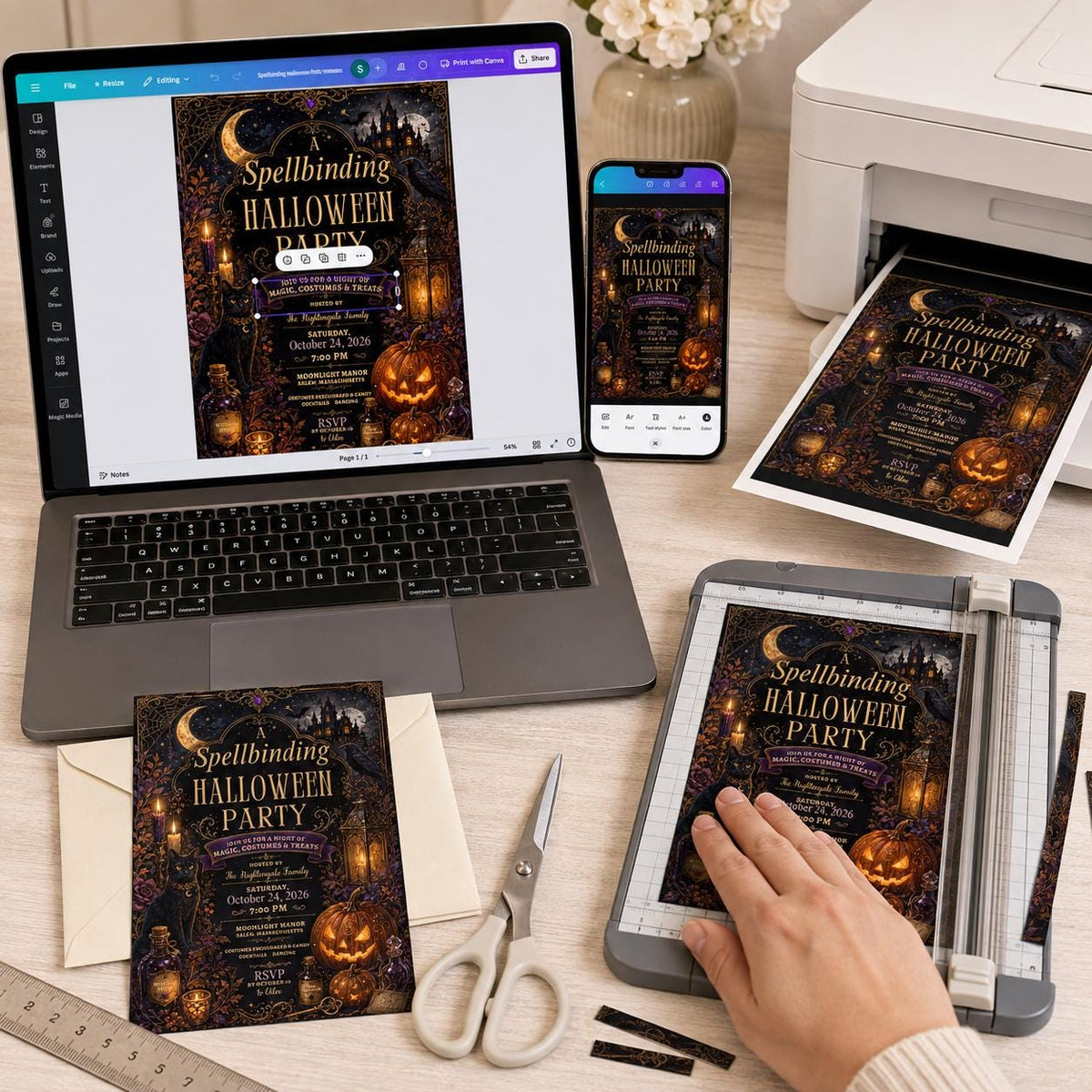 Black Gothic Halloween Party Invitation — print-ready Halloween party design from VoltBy