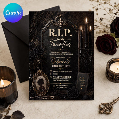 Black Gothic RIP Twenties 30th Birthday Invitation — editable Canva template
