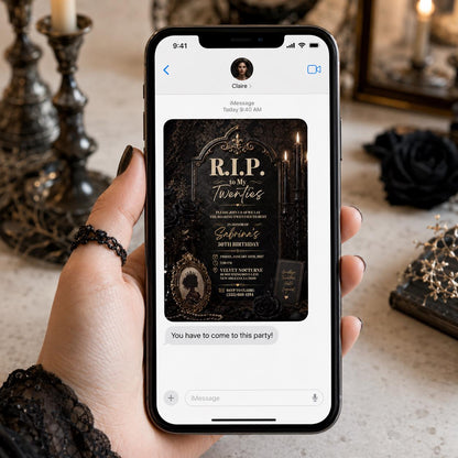 Black Gothic RIP Twenties 30th Birthday Invitation — rose design