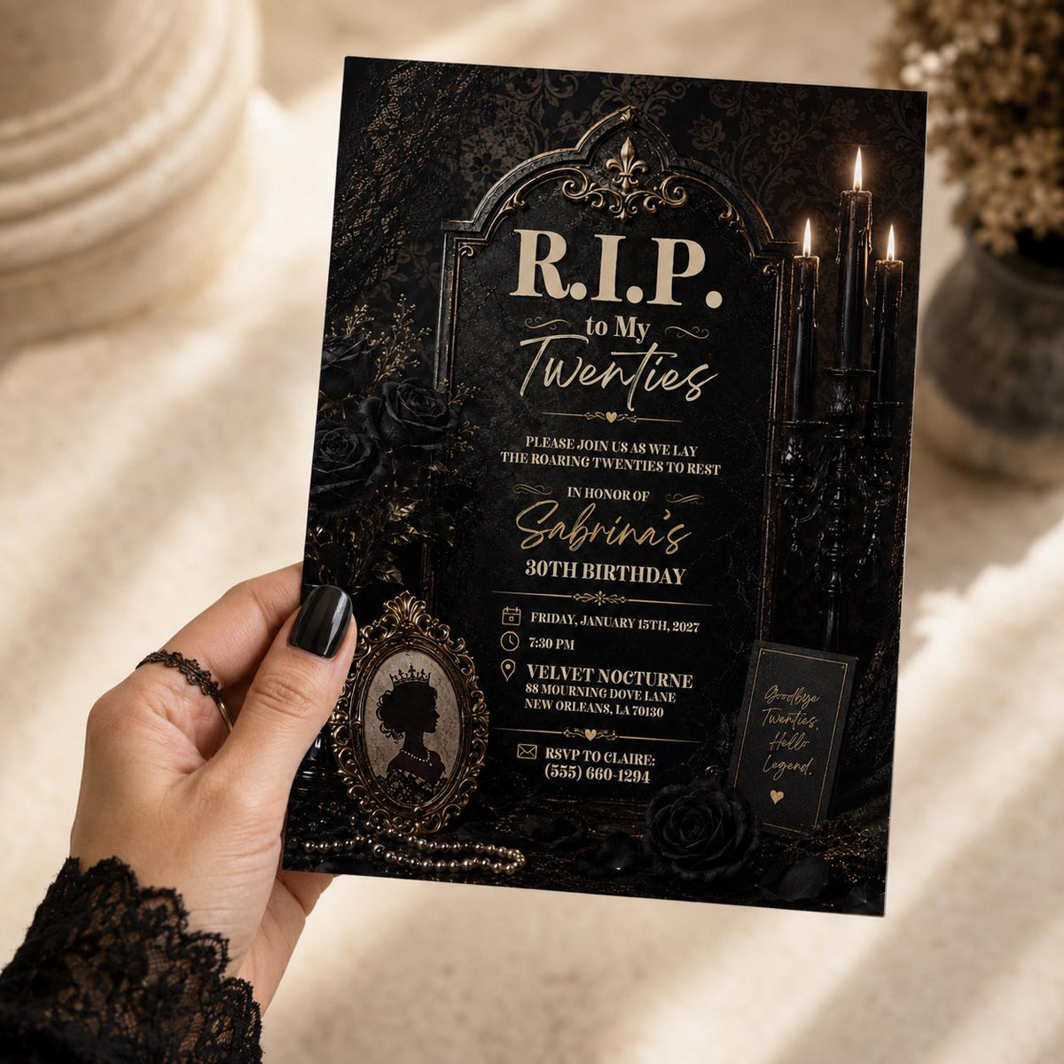 Black Gothic RIP Twenties 30th Birthday Invitation — invitation you personalize in Canva