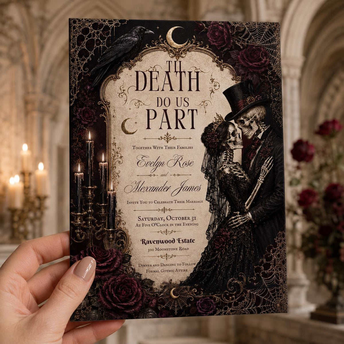 Black Gothic Till Death Do Us Part Wedding Invitation — skeleton design