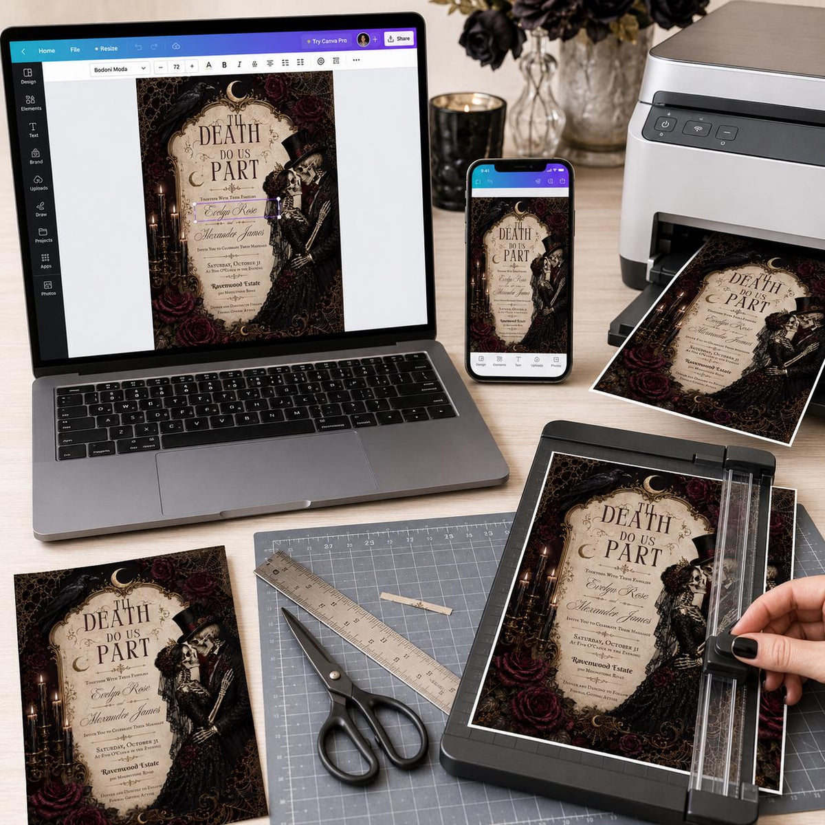 Black Gothic Till Death Do Us Part Wedding Invitation — invitation you personalize in Canva