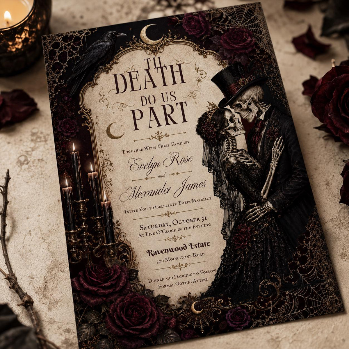 Black Gothic Till Death Do Us Part Wedding Invitation — print-ready wedding design from VoltBy