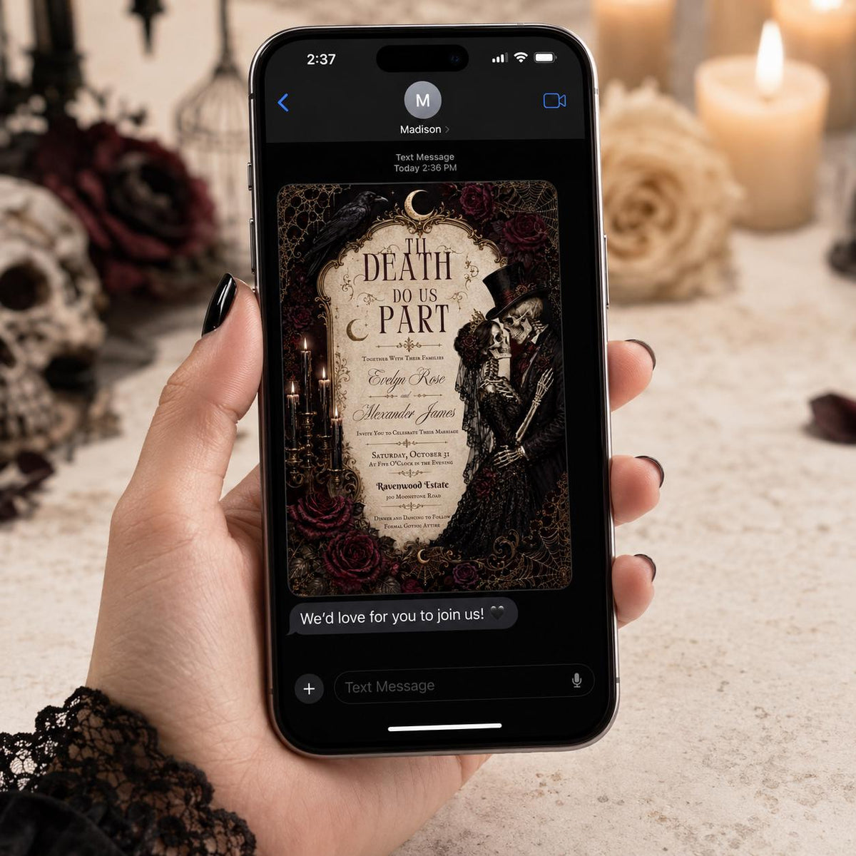 Black Gothic Till Death Do Us Part Wedding Invitation — digital invitation, instant download