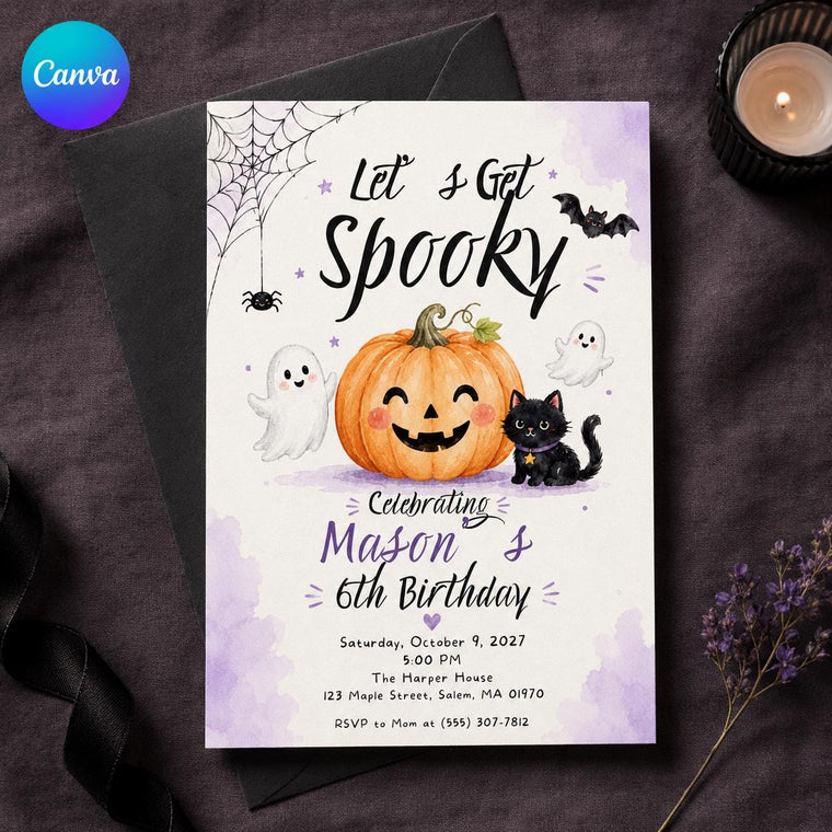 Black Halloween 6th Birthday Invitation