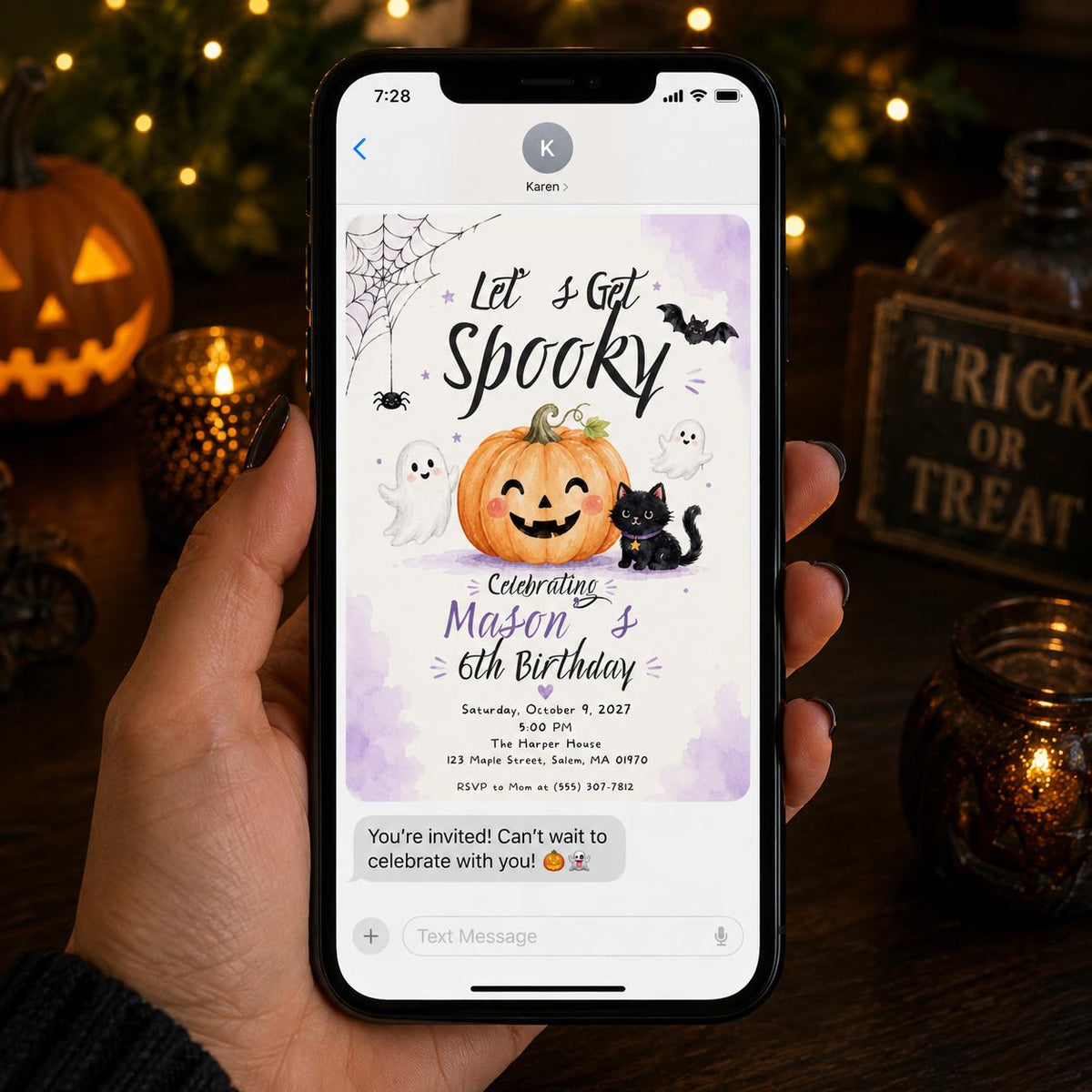 Black Halloween 6th Birthday Invitation — pumpkin design