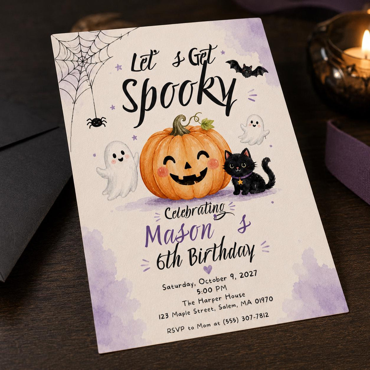 Black Halloween 6th Birthday Invitation — digital invitation, instant download
