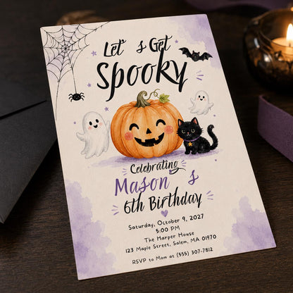 Black Halloween 6th Birthday Invitation — digital invitation, instant download