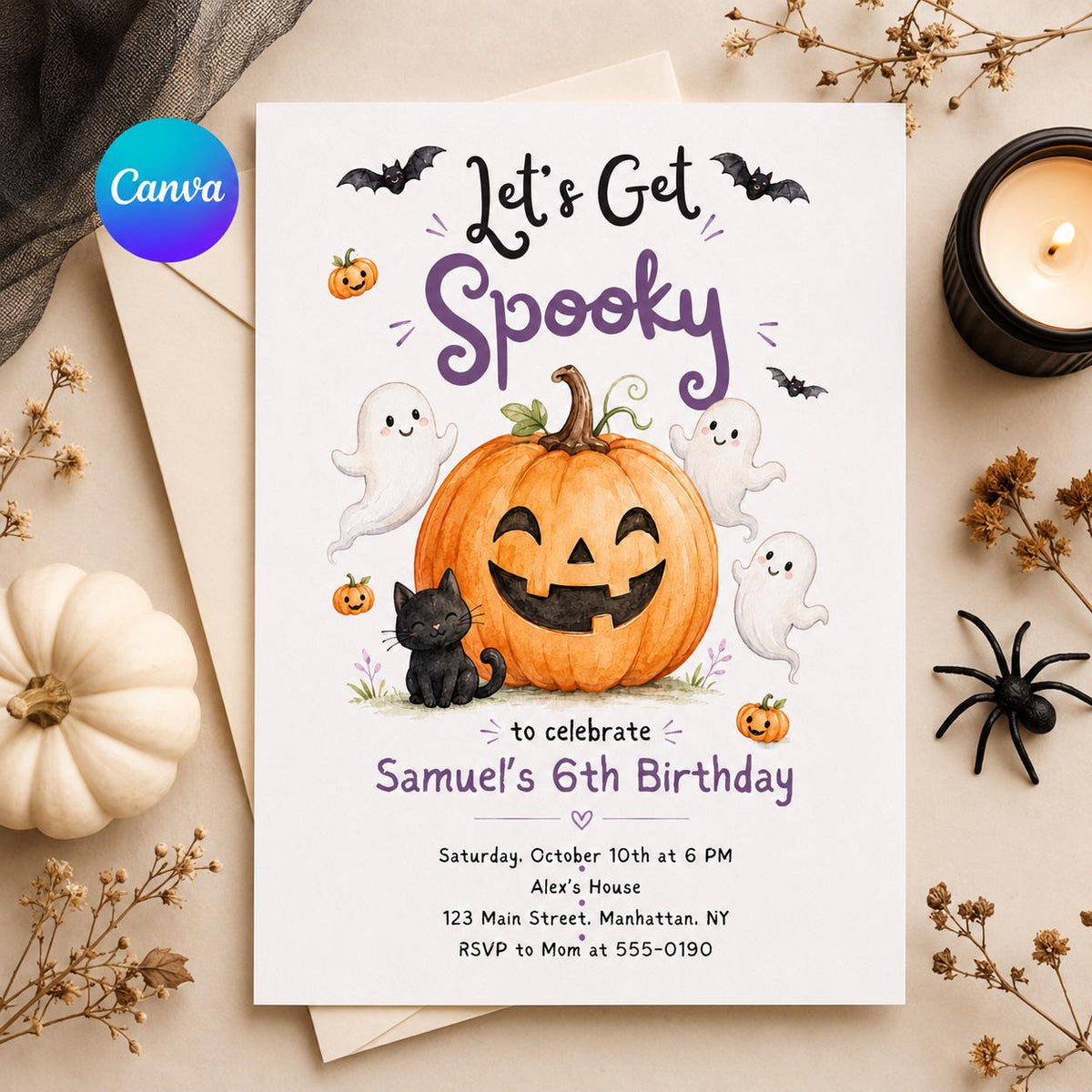 Black Halloween Birthday Invitation — editable Canva template