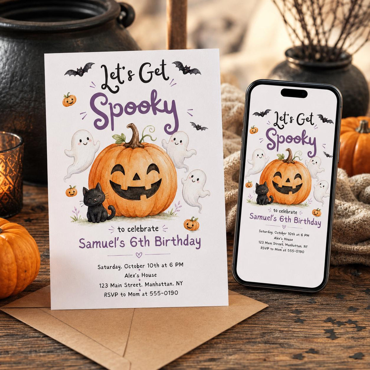 Black Halloween Birthday Invitation — ghost and pumpkin design