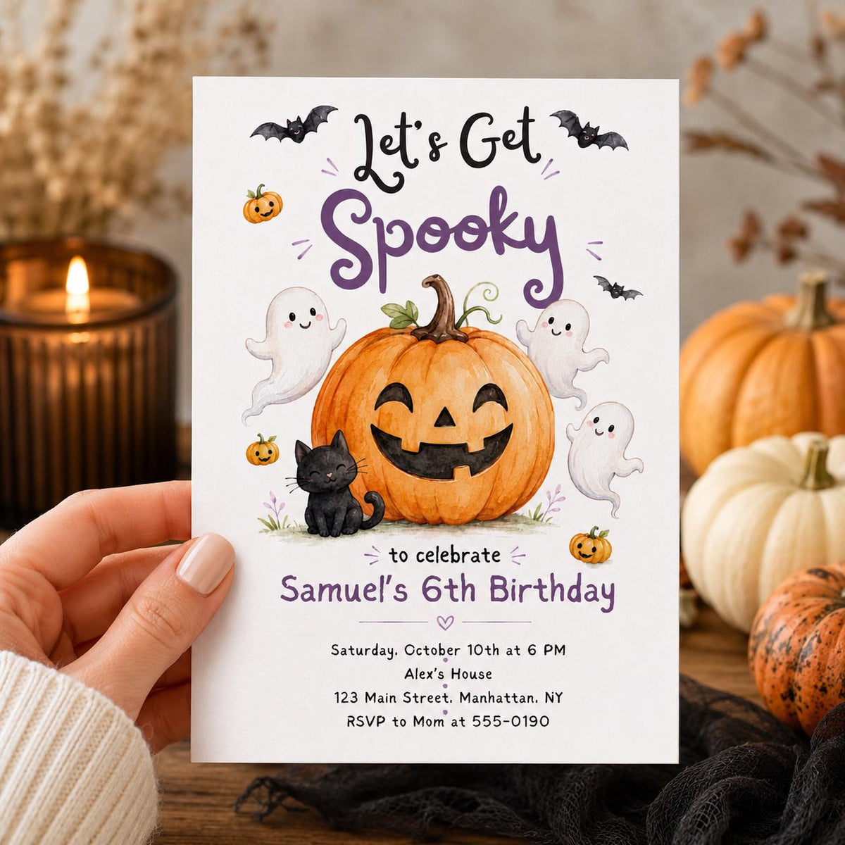 Black Halloween Birthday Invitation — print-ready birthday party design from VoltBy