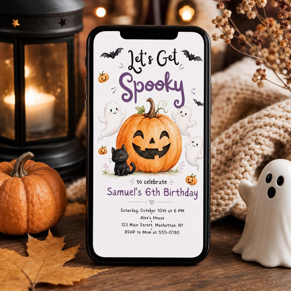 Black Halloween Birthday Invitation — digital invitation, instant download