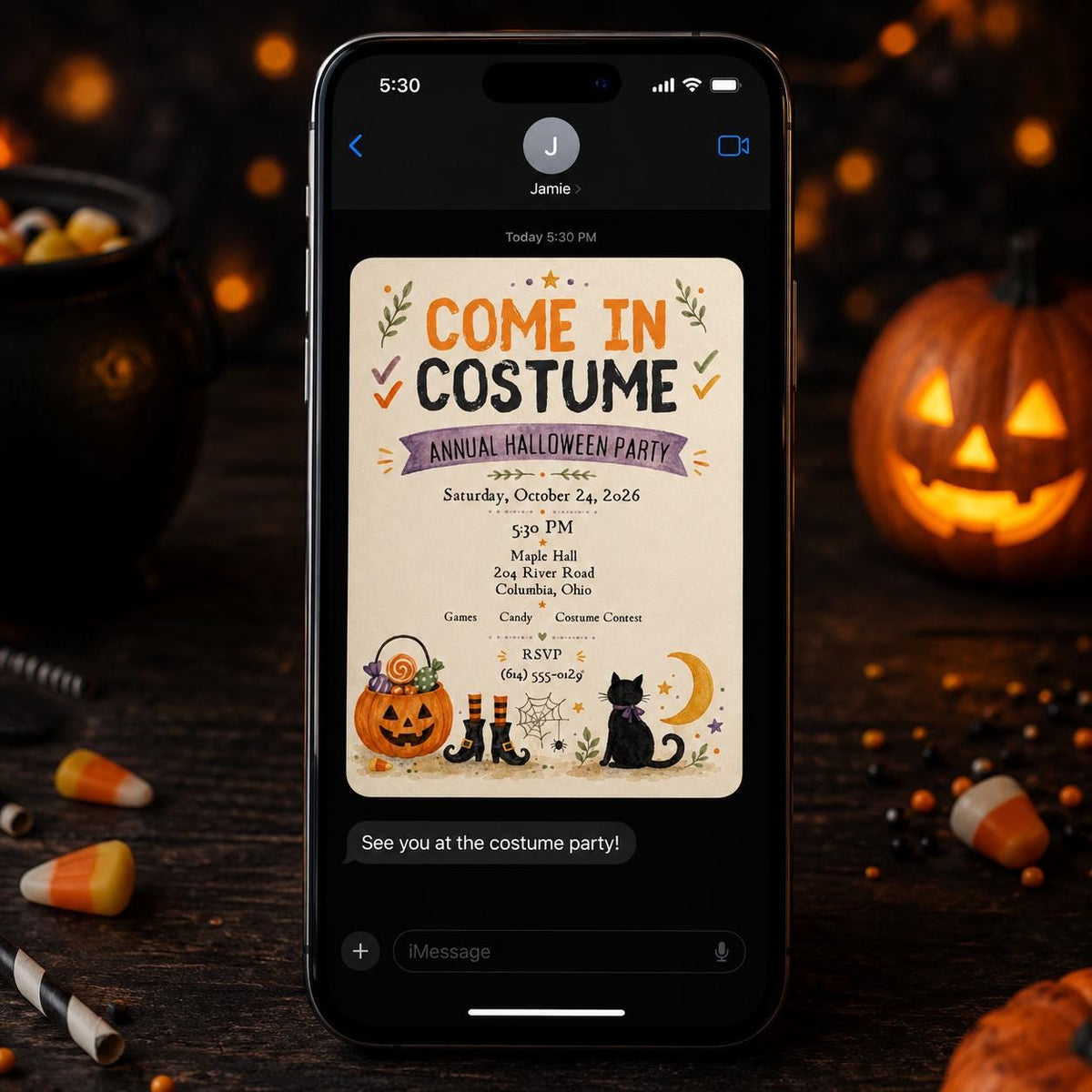 Black Halloween Party Invitation: Come in Costume Annual Party — cat and pumpkin design