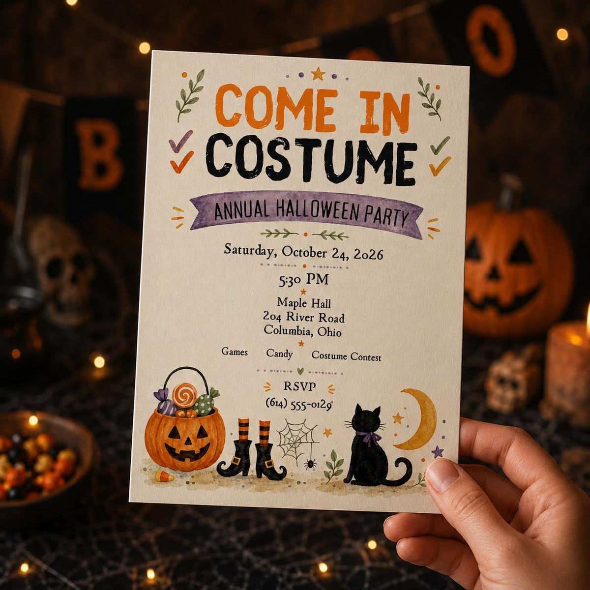 Black Halloween Party Invitation: Come in Costume Annual Party — invitation you personalize in Canva