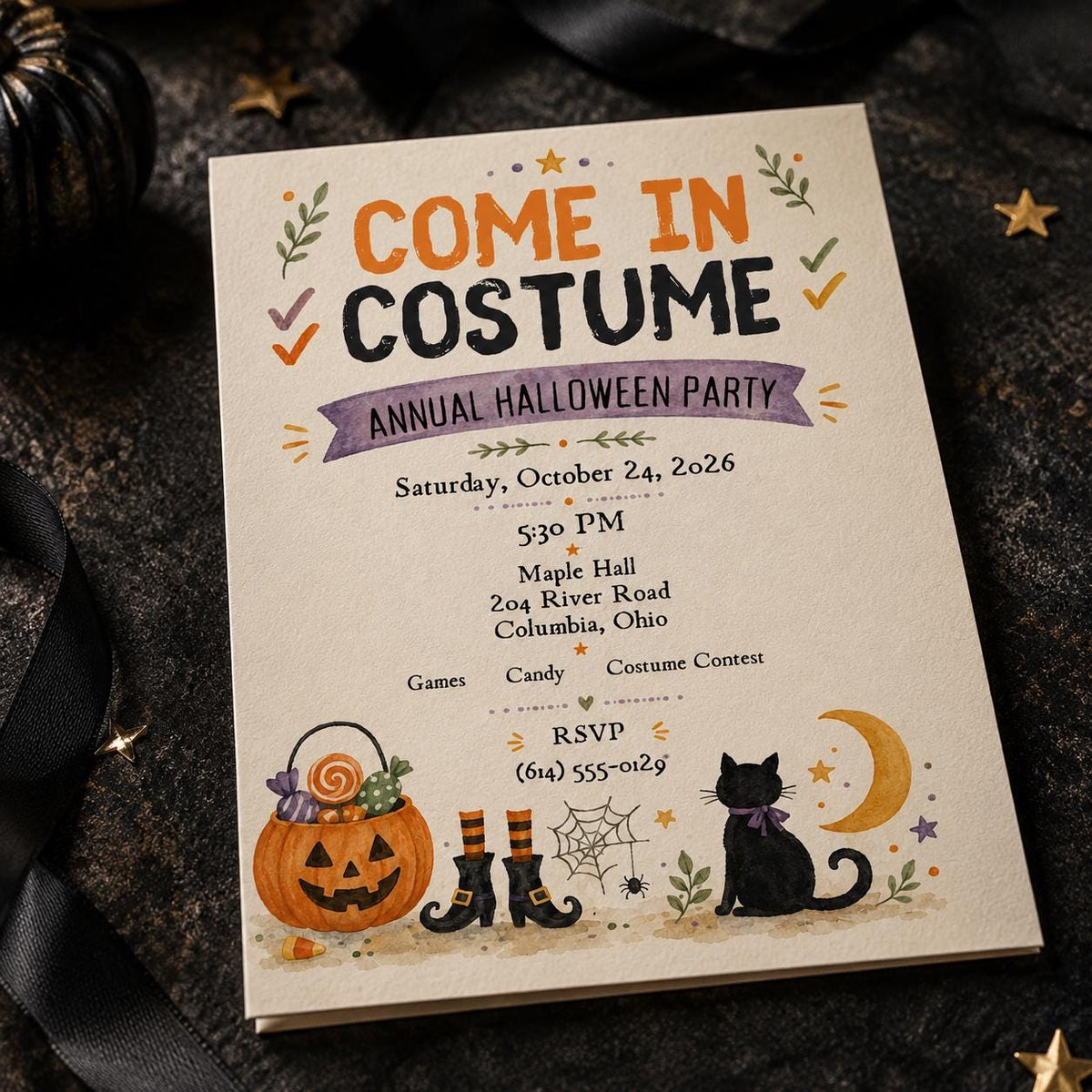 Black Halloween Party Invitation: Come in Costume Annual Party — digital invitation, instant download
