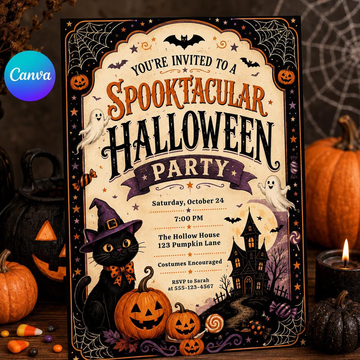Black Halloween Party Invitation: Spooktacular Cute Ghost Cat — editable Canva template